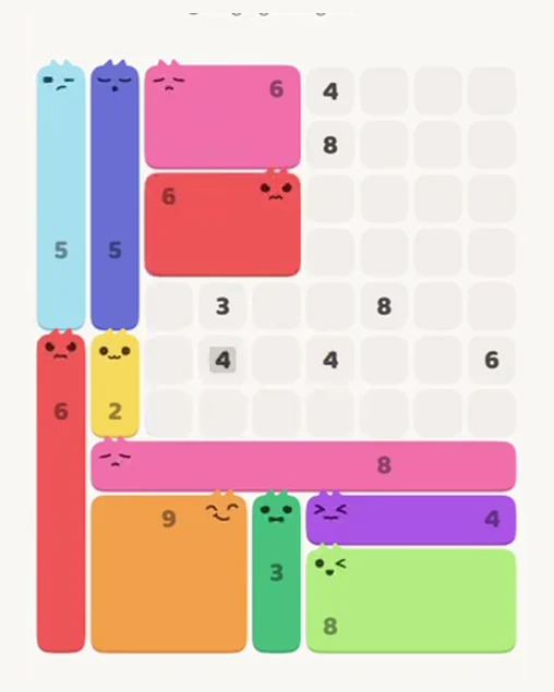 MeowBlock Level 64 after step 11, placing the 6-cell rectangular block at the upper center