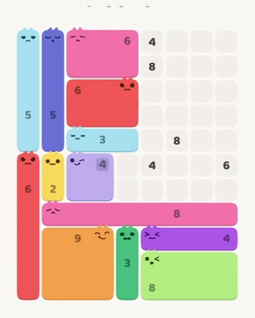 MeowBlock Level 64 after step 13, placing the 3-cell horizontal block at the middle center