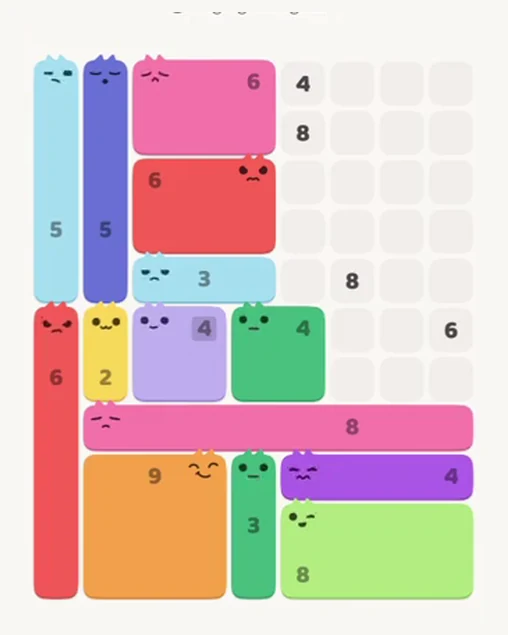 MeowBlock Level 64 after step 14, placing the 4-cell square block at the middle center
