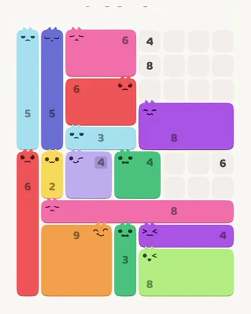 MeowBlock Level 64 after step 15, placing the 8-cell rectangular block at the middle-right area