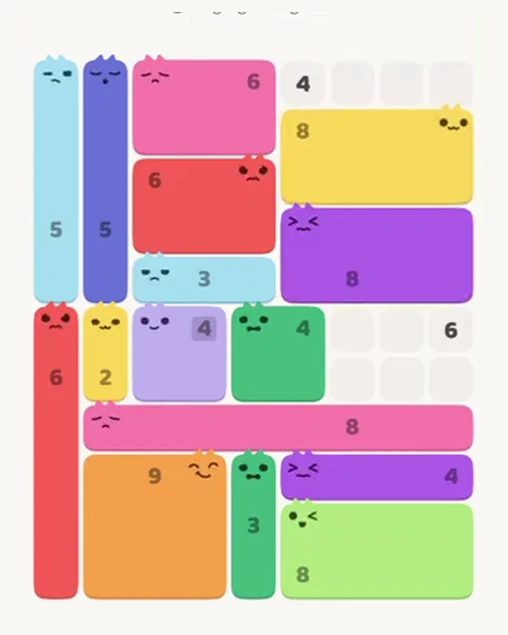 MeowBlock Level 64 after step 16, placing the 8-cell rectangular block at the upper-right area