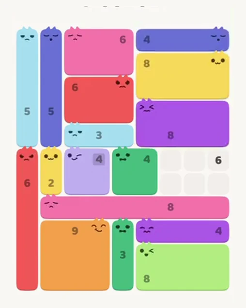 MeowBlock Level 64 after step 17, placing the 4-cell horizontal block at the upper-right area