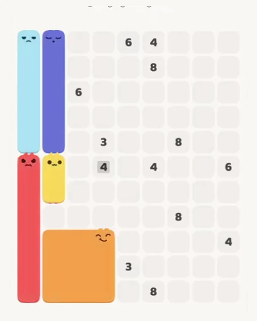 MeowBlock Level 64 after step 5, placing the 9-cell square block at the lower-left area