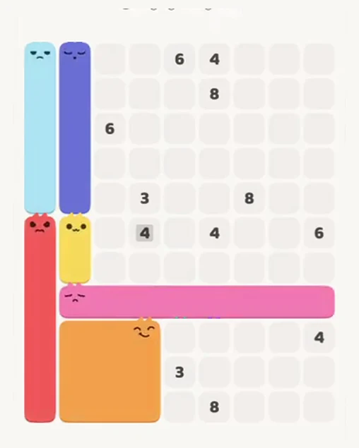 MeowBlock Level 64 after step 6, placing the 8-cell horizontal block at the lower center