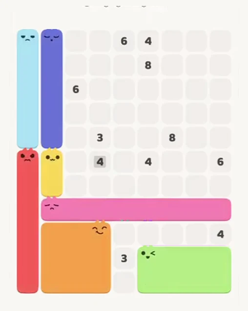 MeowBlock Level 64 after step 7, placing the 8-cell rectangular block at the lower-right area