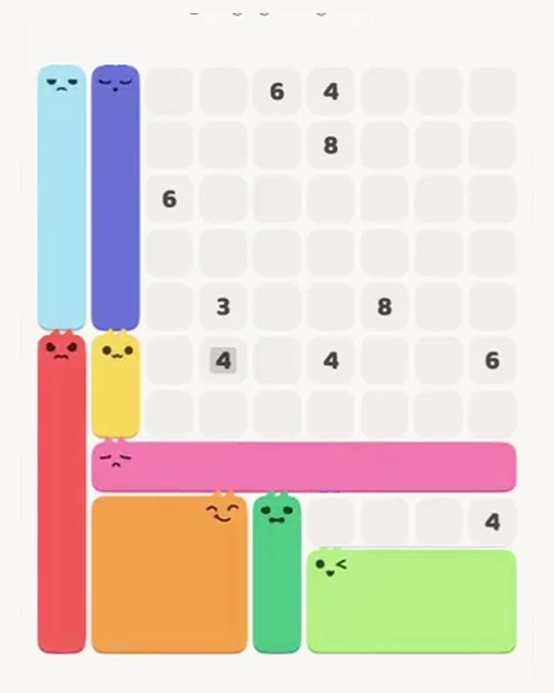 MeowBlock Level 64 after step 8, placing the 3-cell vertical block at the lower center