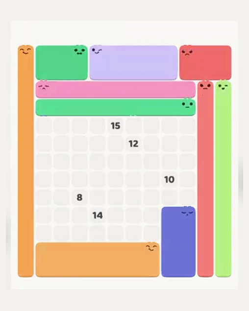 MeowBlock Level 65 after step 10, placing the 14-cell rectangular block at the lower center