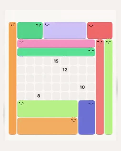 MeowBlock Level 65 after step 11, placing the 14-cell rectangular block at the lower center