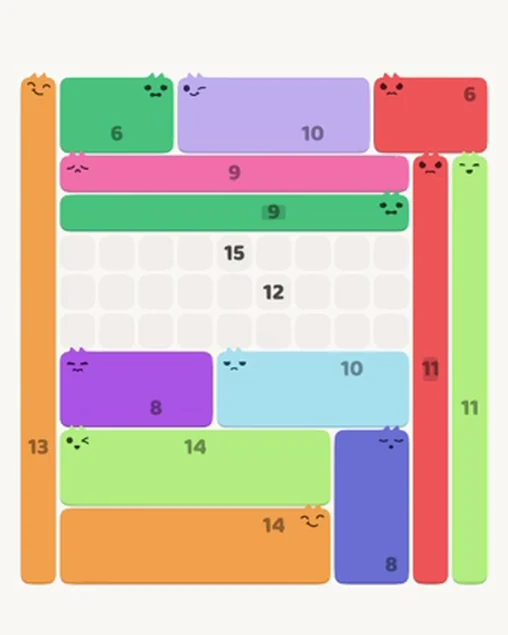 MeowBlock Level 65 after step 13, placing the 8-cell rectangular block at the middle-left area