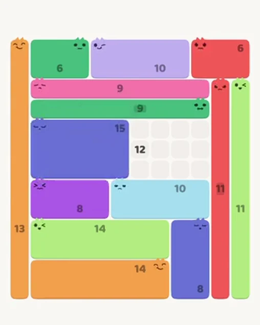 MeowBlock Level 65 after step 14, placing the 15-cell rectangular block at the middle-left area