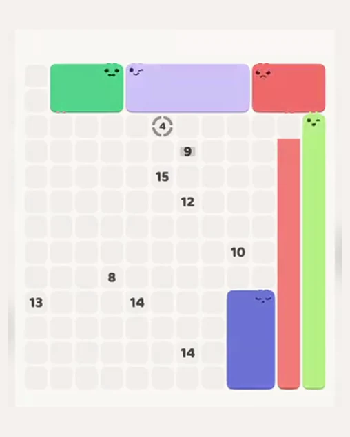 MeowBlock Level 65 after step 6, placing the 8-cell rectangular block at the lower-right area