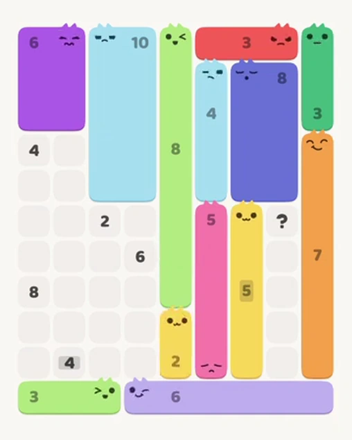 MeowBlock Level 67 after step 13, placing the 2-cell vertical block at the lower center
