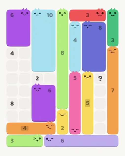MeowBlock Level 67 after step 15, placing the 6-cell rectangular block at the lower center