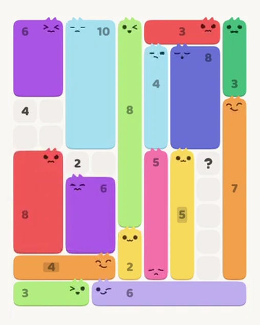 MeowBlock Level 67 after step 16, placing the 8-cell rectangular block at the lower-left area