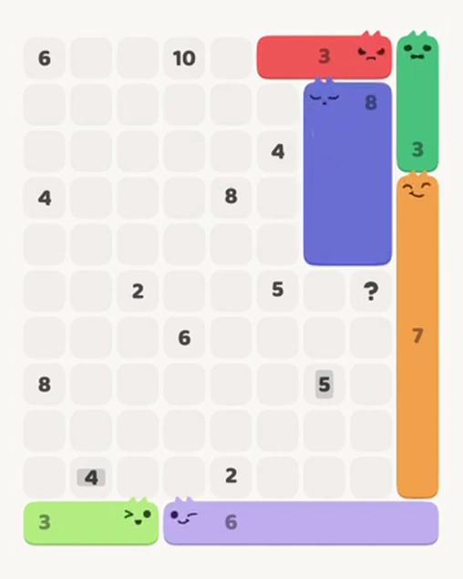 MeowBlock Level 67 after step 6, placing the 8-cell rectangular block at the upper-right area
