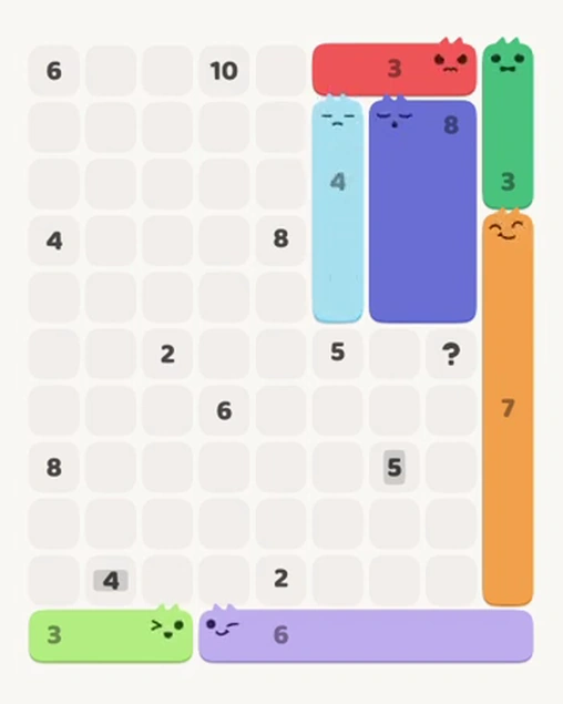 MeowBlock Level 67 after step 7, placing the 4-cell vertical block at the upper-right area