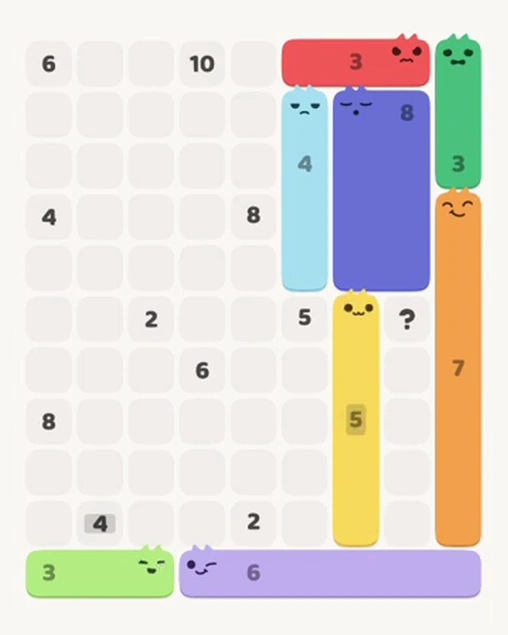 MeowBlock Level 67 after step 8, placing the 5-cell vertical block at the lower-right area
