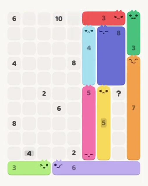 MeowBlock Level 67 after step 9, placing the 5-cell vertical block at the lower-right area