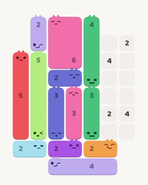 MeowBlock Level 68 after step 13, placing the 4-cell vertical block at the upper-right area