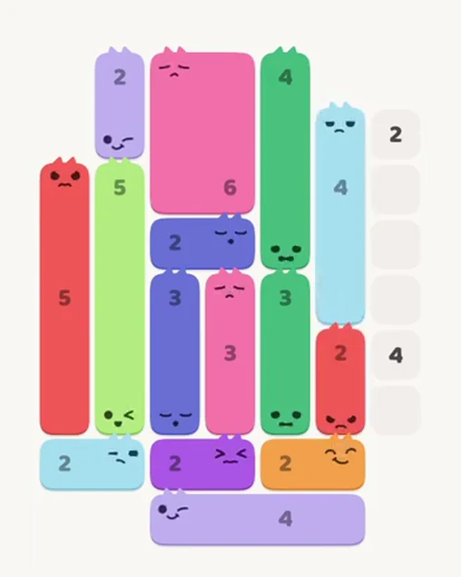 MeowBlock Level 68 after step 15, placing the 2-cell vertical block at the lower-right area