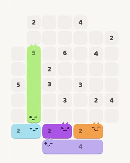 MeowBlock Level 68 after step 5, placing the 5-cell vertical block at the middle-left area
