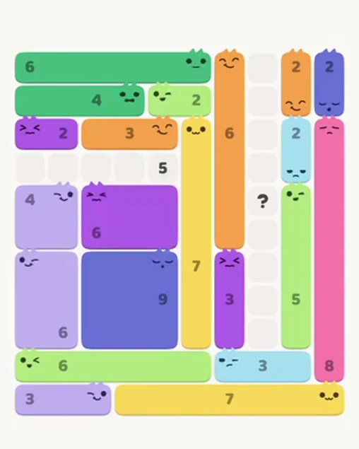 MeowBlock Level 69 after step 21, placing the 6-cell rectangular block at the middle center