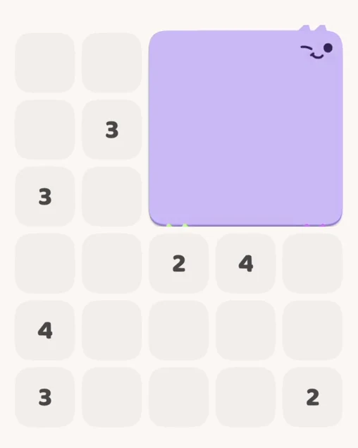 MeowBlock Level 7 after step 1, placing the 9-cell square block at the upper-right area