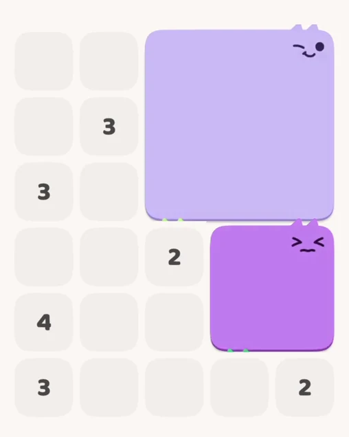 MeowBlock Level 7 after step 2, placing the 4-cell square block at the lower-right area