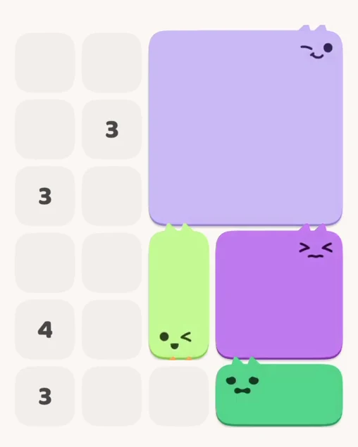 MeowBlock Level 7 after step 4, placing the 2-cell vertical block at the lower center