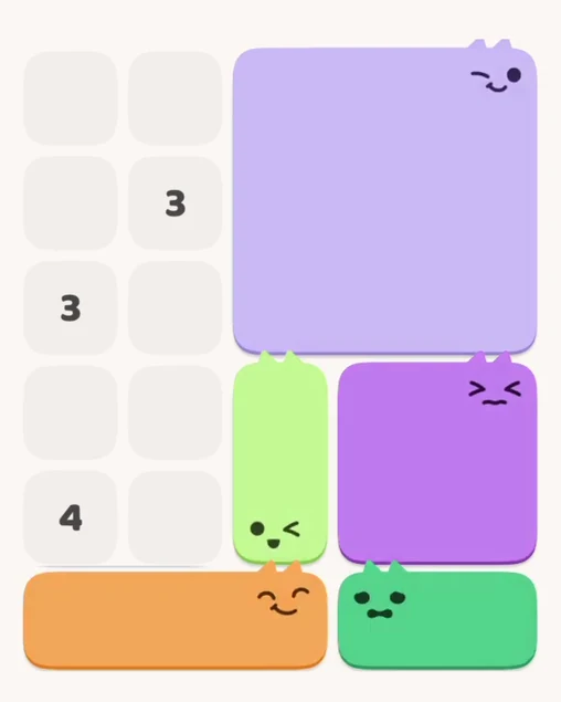 MeowBlock Level 7 after step 5, placing the 3-cell horizontal block at the lower center
