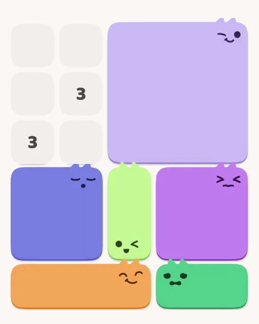 MeowBlock Level 7 after step 6, placing the 4-cell square block at the lower-left area