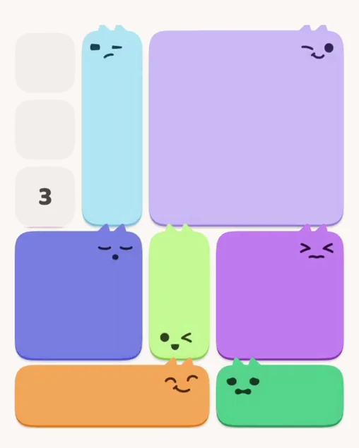 MeowBlock Level 7 after step 7, placing the 3-cell vertical block at the upper center