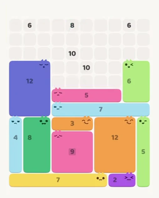 MeowBlock Level 70 after step 12, placing the 5-cell horizontal block at the middle center
