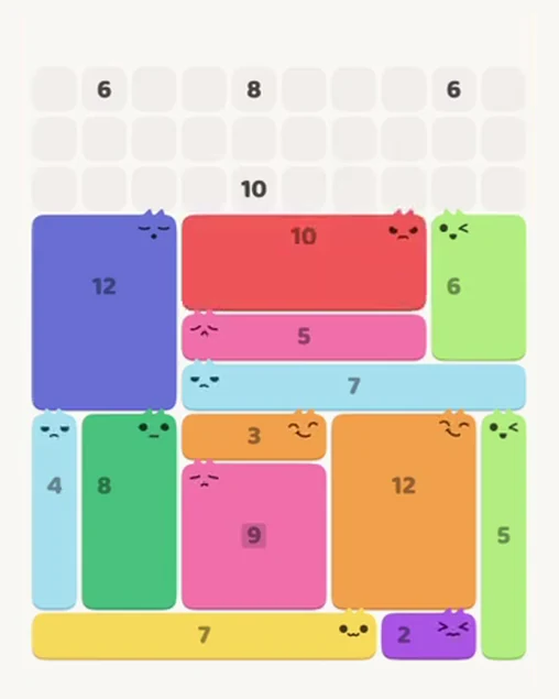 MeowBlock Level 70 after step 13, placing the 10-cell rectangular block at the middle center