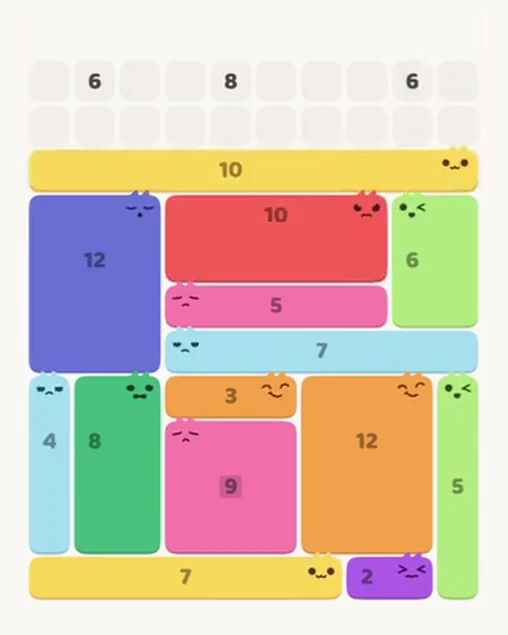 MeowBlock Level 70 after step 14, placing the 10-cell horizontal block at the upper center