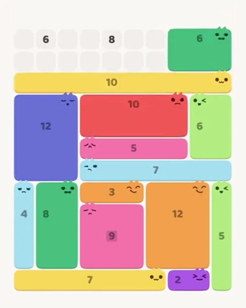 MeowBlock Level 70 after step 15, placing the 6-cell rectangular block at the upper-right area