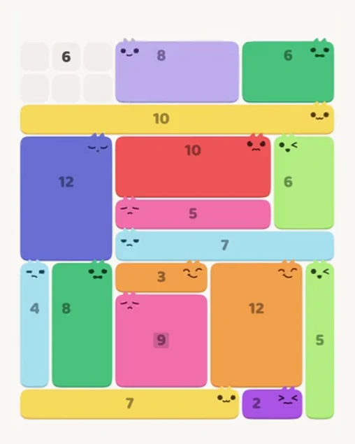 MeowBlock Level 70 after step 16, placing the 8-cell rectangular block at the upper center