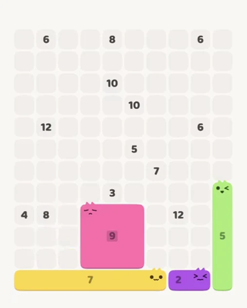 MeowBlock Level 70 after step 4, placing the 9-cell square block at the lower center