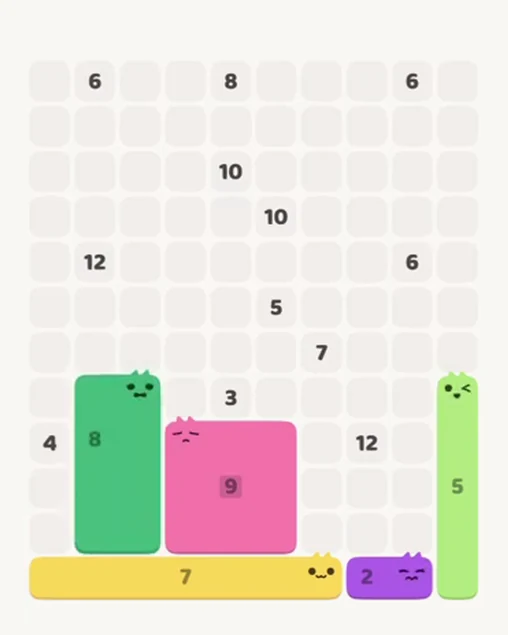 MeowBlock Level 70 after step 5, placing the 8-cell rectangular block at the lower-left area