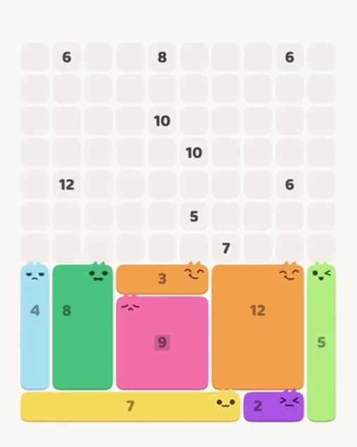 MeowBlock Level 70 after step 8, placing the 12-cell rectangular block at the lower-right area