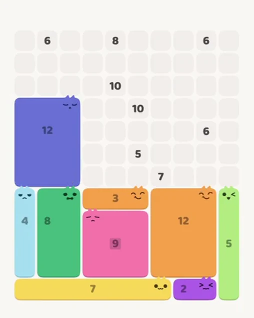 MeowBlock Level 70 after step 9, placing the 12-cell rectangular block at the middle-left area