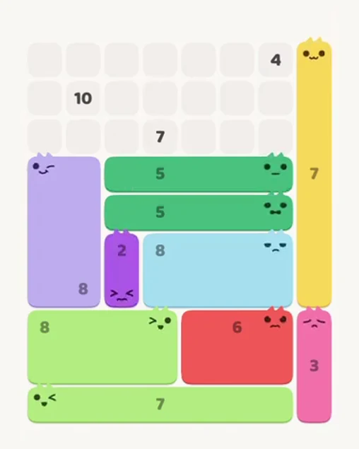 MeowBlock Level 71 after step 10, placing the 2-cell vertical block at the middle center