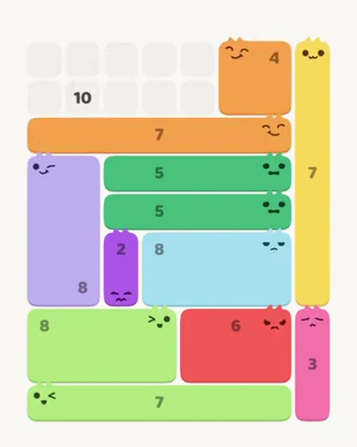 MeowBlock Level 71 after step 12, placing the 6-cell rectangular block at the upper-right area