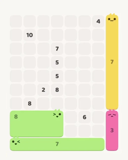 MeowBlock Level 71 after step 4, placing the 8-cell rectangular block at the lower-left area
