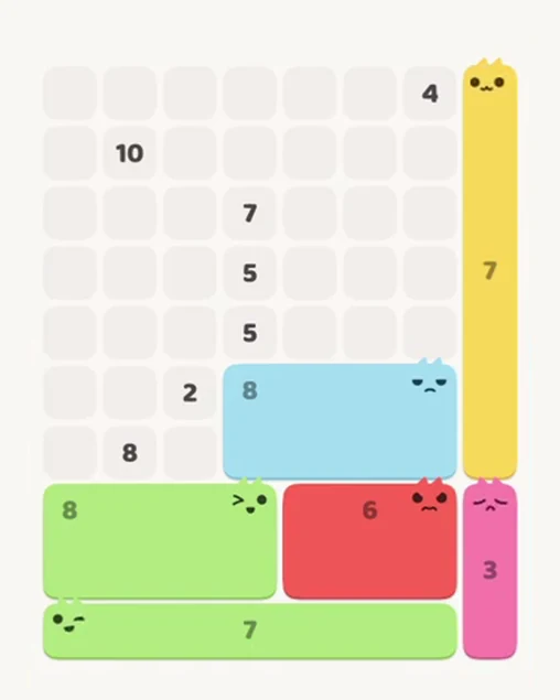 MeowBlock Level 71 after step 6, placing the 8-cell rectangular block at the middle-right area