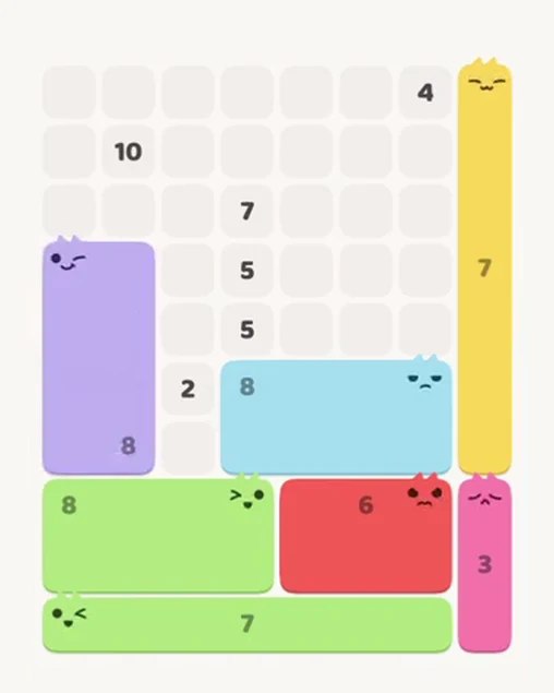 MeowBlock Level 71 after step 7, placing the 8-cell rectangular block at the middle-left area