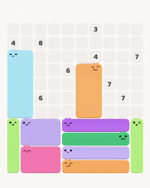 MeowBlock Level 72 after step 10, placing the 8-cell rectangular block at the middle center