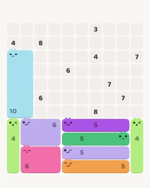 MeowBlock Level 72 after step 9, placing the 10-cell rectangular block at the middle-left area