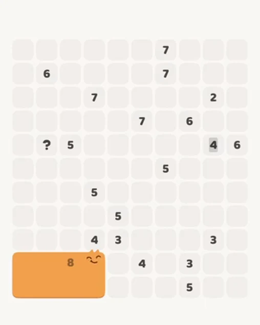 MeowBlock Level 73 after step 1, placing the 8-cell rectangular block at the lower-left area