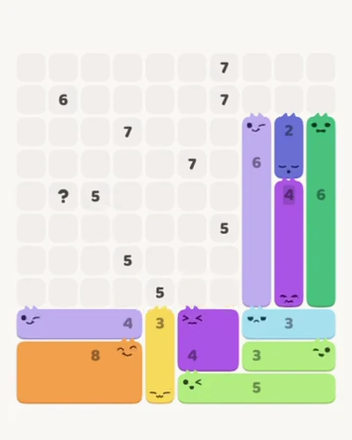 MeowBlock Level 73 after step 11, placing the 2-cell vertical block at the upper-right area